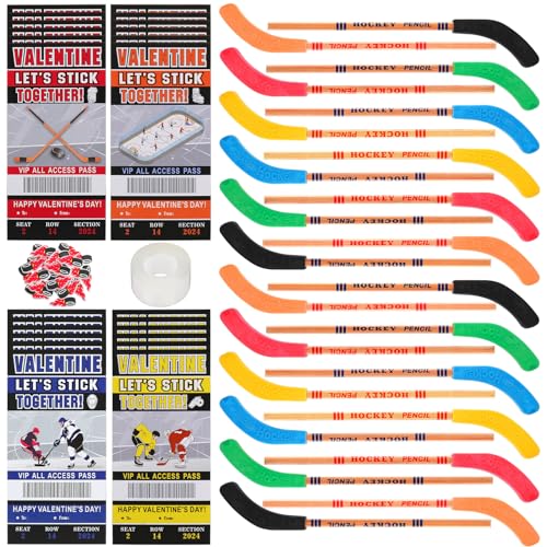 Sinload 24 Sets Hockey-Themen-Valentinstagsgeschenke für Kinder, einschließlich Karten, Hockeyschläger-Bleistifte mit Radiergummis, Hockeyzubehör und Klebeband für Kinder, Geschenkaustausch, von Sinload