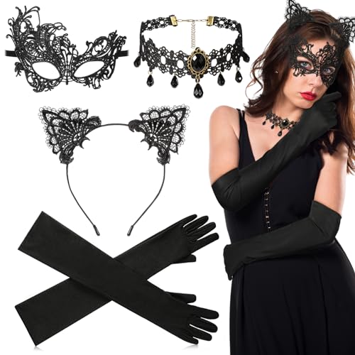 Sinmoe 4 Stück Maskerade Kostüm Set inklusiv Spitzen Katzenohren Stirnband Spitzen Augenmaske Spitzen Halskette Lange Schwarze Handschuhe für Damen Mädchen Karneval Maskenball Halloween, Schwarz Sinmoe 4 Stück Maskerade Kostüm Set inklusiv Spitzen Katzenohren Stirnband Spitzen Augenmaske Spitzen Halskette Lange Schwarze Handschuhe für Damen Mädchen Karneval Maskenball Halloween, Schwarz von Sinmoe
