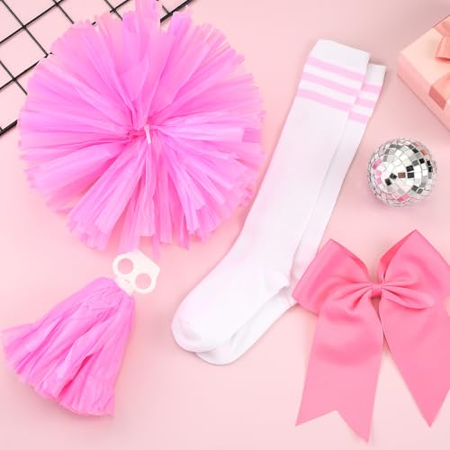 Sinmoe 4er Set Karneval Cheerleader Kostüm Zubehör 2 Cheerleading Pompons aus Metallfolie 1 Groß Haarschleife Cheerleader Haar Bögen 1 Paar Sport Therme Kniestrümpfe für Tanz Wettbewerb (Rosa) von Sinmoe