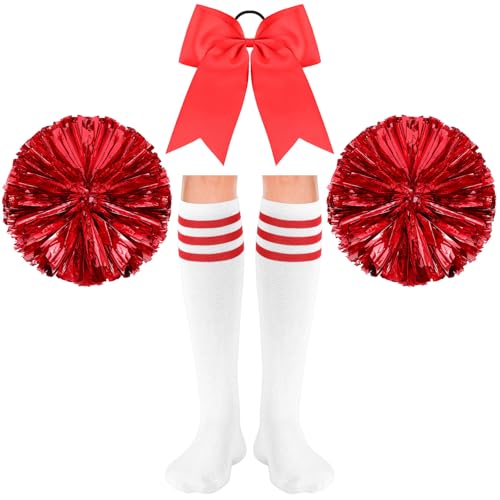 Sinmoe 4er Set Karneval Cheerleader Kostüm Zubehör 2 Cheerleading Pompons aus Metallfolie 1 Groß Haarschleife Cheerleader Haar Bögen 1 Paar Sport Therme Kniestrümpfe für Tanz Wettbewerb (Rot) von Sinmoe