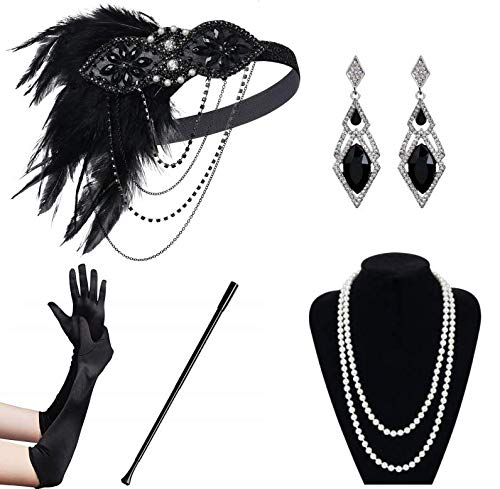 Sinoeem 1920s Kostüm Damen Flapper Accessoires Set 20er Jahre Halloween Kostümzubehör Inklusive Stirnband Halskette Handschuhe Ohrringe Gatsby Handheld-Requisiten Set (Set-12) von Sinoeem