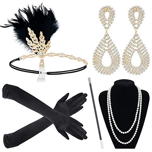 Sinoeem 1920s Kostüm Damen Flapper Accessoires Set 20er Jahre Halloween Kostümzubehör Inklusive Stirnband Halskette Handschuhe Ohrringe Gatsby Handheld-Requisiten Set (Set-1) von Sinoeem