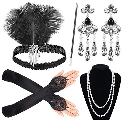 Sinoeem 1920s Kostüm Damen Flapper Accessoires Set 20er Jahre Halloween Kostümzubehör Inklusive Stirnband Halskette Handschuhe Ohrringe Gatsby Handheld-Requisiten Set (Set-5) von Sinoeem