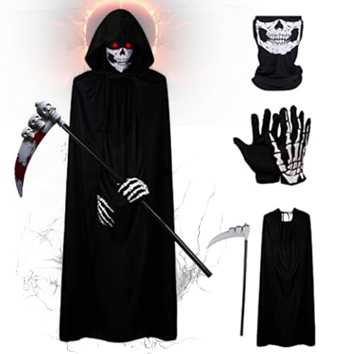 Sinoeem 4Pcs Sensenmann Kostüm, Halloween Samt Sensemann Umhang Set, Sense Skelett Sichel Handschuhe Schädelmaske, Sensenmann Umhang Schwarz für Erwachsene Halloween Party Cosplay Sinoeem 4Pcs Sensenmann Kostüm, Halloween Samt Sensemann Umhang Set, Sense Skelett Sichel Handschuhe Schädelmaske, Sensenmann Umhang Schwarz für Erwachsene Halloween Party Cosplay von Sinoeem