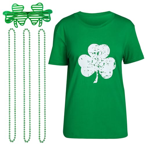 5-teiliges St. Patrick's Day Shirt Kleeblatt Kostüm Grün Distressed Retro T-Shirt mit Halsketten und Sonnenbrille Zubehör Set (Medium) von Sintege