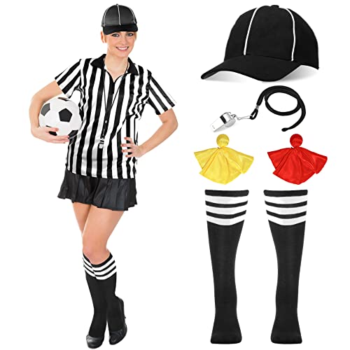 6 Stück Damen Schiedsrichter Kostüm Set Schwarz Weiß Gestreift Schiedsrichter Shirt mit Reißverschlusskragen Kappe Edelstahl Pfeife mit Lanyard Gelb Rot Straffahne Gestreift Socken (L) von Sintege