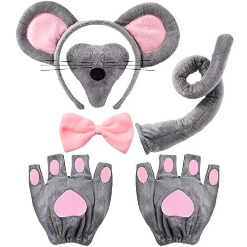 Sintege 5 Stück Maus Kostüm Set Tierkostüm Zubehör Maus Ohren Stirnband Maus Nase Schwanz Handschuhe Fliege Tier Cosplay Accessoires für Kinder Erwachsene Halloween Geburtstag Party Welttag des Buches von Sintege