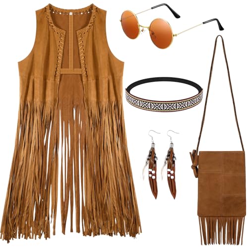 Sintege 5er Set 60er 70er Damen Hippie Kostüm Karneval Kostüm inklusive Disco Boho Fransenweste Quastentasche Stirnband Sonnenbrille Ohrringe Halskette Bohemian Outfit Accessoires für Halloween (S) von Sintege