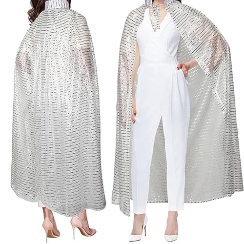 Sintege Damen Karneval Halloween Umhänge Lange Pailletten Fasching Mäntel Karneval Kostümumhänge Disco Kostüm 140 x 150 cm Glitzer Cosplay Kostüm Damen Umhänge mit Pailletten für Partys(Silber) von Sintege