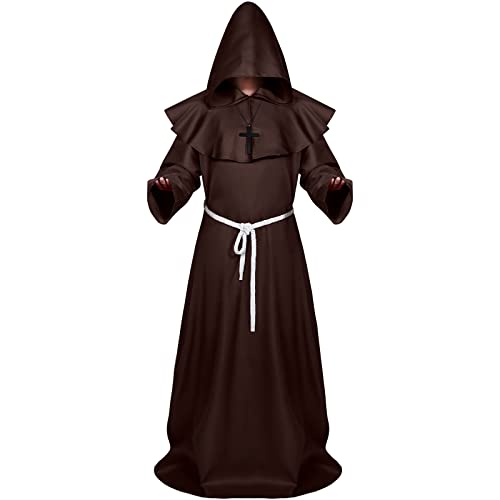 Sintege Halloween Mittelalterliche Mönchsrobe mit Kapuze Priester Robe für Erwachsene Priester Kostüm Zauberer Kostüm mit Mantel Taillenseil und Kreuz Halskette (Braun, XL) von Sintege