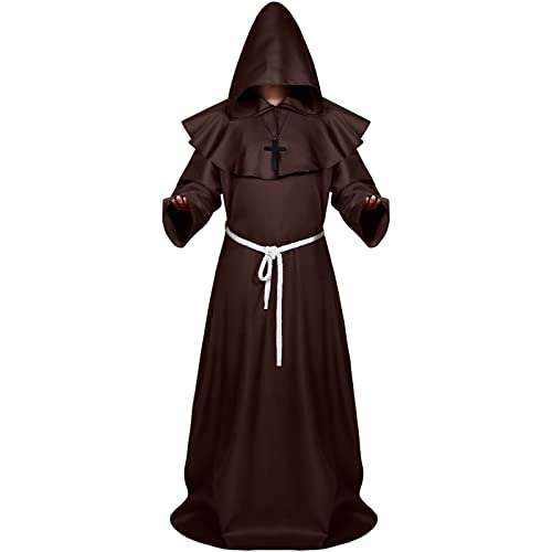 Sintege Halloween Mittelalterliche Mönchsrobe mit Kapuze Priester Robe für Erwachsene Priester Kostüm Zauberer Kostüm mit Mantel Taillenseil und Kreuz Halskette (Braun, XL) von Sintege