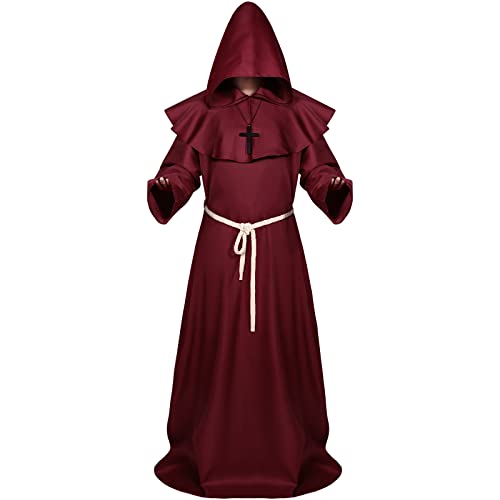 Sintege Halloween Mittelalterliche Mönchsrobe mit Kapuze Priester Robe für Erwachsene Priester Kostüm Zauberer Kostüm mit Mantel Taillenseil und Kreuz Halskette (Rot, L) von Sintege