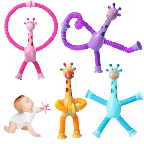 4 Stück Teleskop Giraffe Saugnapf Spielzeug Kinder, Sensorik Spielzeug, Sensorisches Giraffen-Spielzeug mit Lichtern, Saugnapf Spielzeug Kinder, Lustiges Pädagogisches Stressabbau von Sinwind