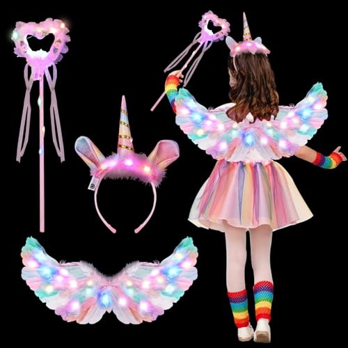 Engelsflügel Weiß Leuchtend, Leuchtend Engel Kostüm Kinder, 60CM Engel Flügel mit Halo Stirnband und Zauberstab für Mädchen, Weiß Federflügel Heiligenschein, Cosplay Party Fasching Kostüme (Farbe) von Sinwind