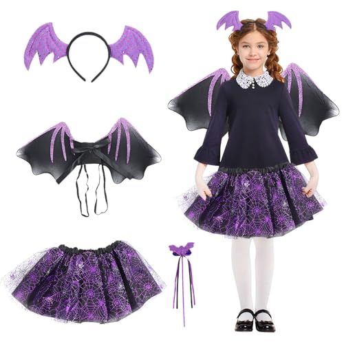 Sinwind Halloween Fledermaus Kostüm Kinder Set, Fledermaus Kostüm Kinder mit Headband, Stab, Flügel und Tutu für Halloween, Karnevals, Fasching, Cosplay Mottoparty von Sinwind