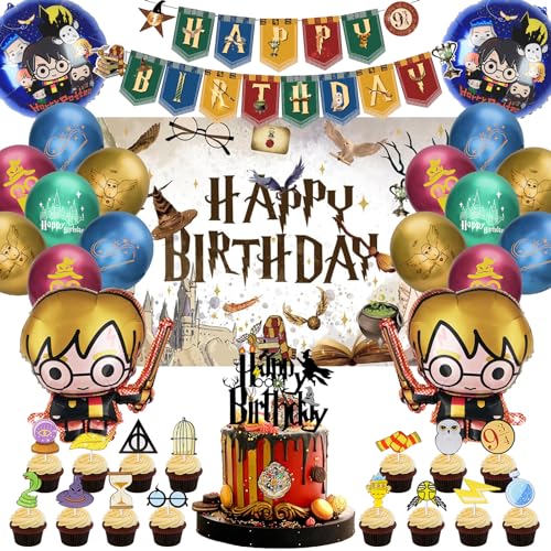 Harry Potter Geburtstag Party Dekorationen, Wizard Party Deco Set mit 150x100CM Hintergrund, Harry Potter Ballons Banner Kuchen Deko, Magische Zauberer Kindergeburtstag von Sinwind
