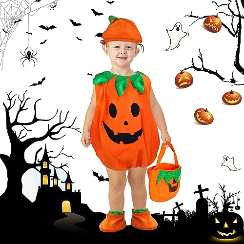 Kürbis Kostüm Kinder für Halloween, Halloween Kürbiskostüm mit Pumpkin Candy Bag, Kürbis Kostüm Kinder mit Hut, Karneval Kinder Kürbiskostüme für Jungen Mädchen Cosplay Halloween Party (100CM) von Sinwind