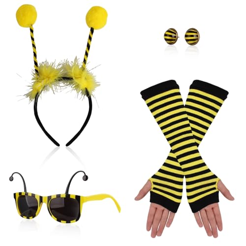 Sinwind Biene Kostüm, 6 Stück Bee Costume Kit, Faschingskostüme Biene, Bienenkostüm Erwachsene, Bee Headband, Bee Long Gloves, Brille Biene, Biene Ohrringe für Kinder Mädchen Karneval Kostüm (Biene) von Sinwind
