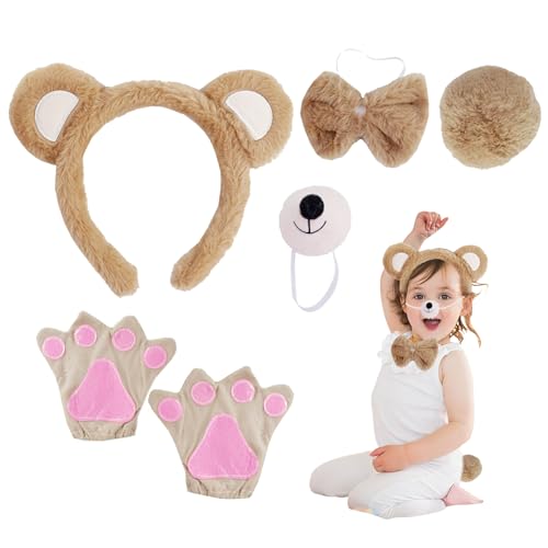 Sipiris 6 Stück Bär Cosplay,Bären Ohren Set,Bären Ohren Haarreif und Handschuh Nase Fliege Set,für Erwachsene Kinder Dekoration,für Cosplay Halloween Geburtstag Thema Party (Braun) von Sipiris