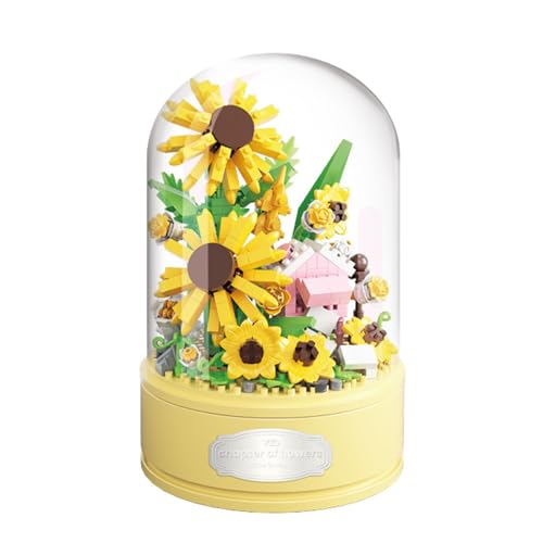 Sipobuy DIY-Spieluhr-Bausteine, Blumenstrauß-Set Mit Staubdichter Kuppel – Kunstblumen-Sammlung, Konstruktionsspielzeug Für Die Inneneinrichtung (Sonnenblume) von Sipobuy