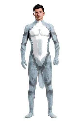 Sipumia Herren Muskel-Tier-Body mit großem Schwanz, Halloween, Cosplay, Skinny, Catsuit, Ganzkörper-Overall, Kostüme, Schneewolf, XL von Sipumia