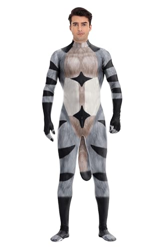 Sipumia Herren Muskel Tier Bodysuit mit großem Schwanz Halloween Cosplay Skinny Catsuit Ganzkörperanzug Overall Kostüme, Waschbär, S von Sipumia