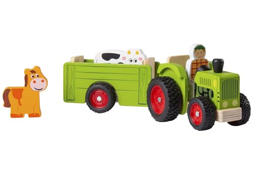 SirWood Playset Bauernhof aus Holz - Figuren, Tiere und Werksmittel aus Holz - Traktor mit 6 Rädern und Anhänger 34 x 13 cm - Kinder 10 Monate - Frühe Kindheit - Globus Toys 41603 von SirWood