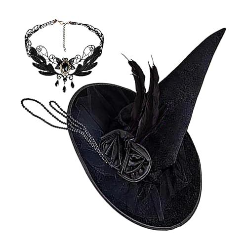 Schwarzer Hexenhut, Cosplay-Hut, Zauberer-Kostüm, spitzer Hut mit -Halskette, Federhüte, Zaubererhut für Damen, Teenager, Mädchen Schwarzer Hexenhut, Cosplay-Hut, Zauberer-Kostüm, spitzer Hut mit -Halskette, Federhüte, Zaubererhut für Damen, Teenager, Mädchen von Sirseon