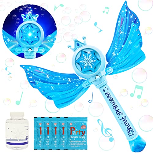 Sitodier Seifenblasenmaschine für Kinder, Blauer Seifenblasen Zauberstab mit LED-Licht & Musik (abschaltbar), seifenblasenstab spielzeug mit Flügeln für Mädchen Jungen im Alter von 3 4 5 6 7 8 Draußen von Sitodier