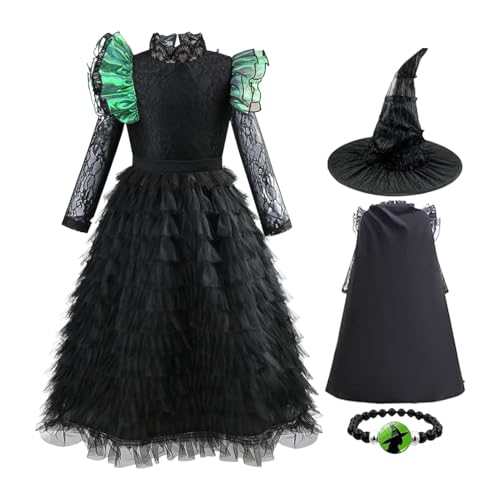 Siuwddee Halloween Hexenkostüm - Halloween Fasching Kinderkostüm Hexe Cosplay,Schwarzes Outfit Mit Umhang Hut Armband Für Kinder 5-12 Jahre Zu Karneval Gruselhaus Schulparty von Siuwddee