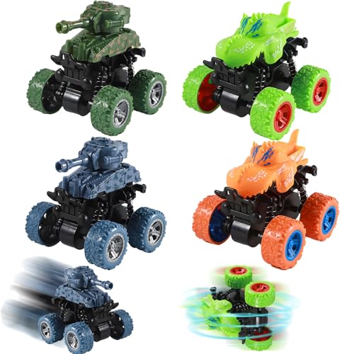 4 Stück Monster Truck, Spielzeugautos für Kinder ab 2 3+ Jahre Geschenk, 360° Stunt-Rotation Rückziehauto Aufziehauto, Dinosaurier-Spielzeug Auto, Rennwagen Spielsets für Kinder (4 Stück) von Skeadex
