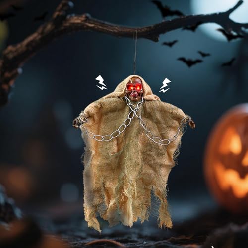 Halloween Deko Geist Hängende, Skeleton Geister Deko mit Licht Horro Sound Kette Halloween Deko Outdoor LED Hängende Geister mit Akku Helloween De ko Gespenster für Tür Außen Innen Yard Party (A) von Skeadex