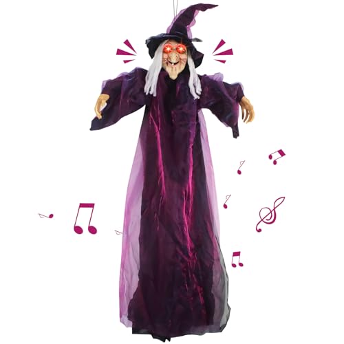 Halloween Deko Outdoor Hexen Hängende mit Gruseligem Sound und Licht, 180CM Halloween Hexe Dekoration Animierte Helloween Figuren mit Soundeffekt Helloween Deko Gruselig Hex-en Figuren für Party Hof von Skeadex