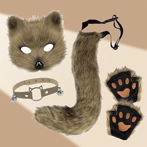 Skeadex Therian Mask, 5er Fuchs Maske Cosplay Kostüm Set mit Tail Handschuhe Kragen,Tiermasken Furry Mask Set mit Therian Tail, Plüsch Katzenmaske Therian Masken für Halloween Karneval Cosplay (B) von Skeadex