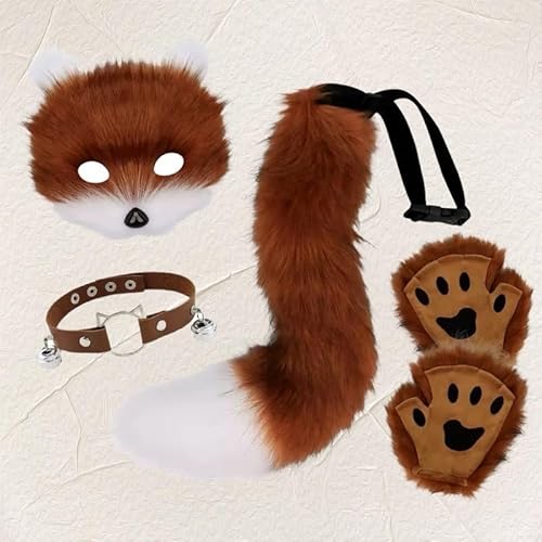Skeadex Therian Mask, 5er Fuchs Maske Cosplay Kostüm Set mit Tail Handschuhe Kragen,Tiermasken Furry Mask Set mit Therian Tail, Plüsch Katzenmaske Therian Masken für Halloween Karneval Cosplay (C) von Skeadex