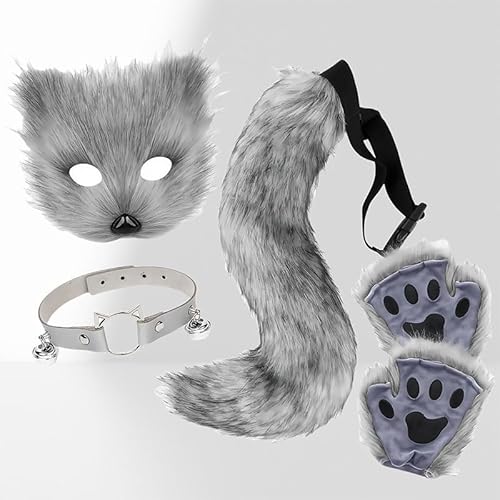Skeadex Therian Mask, 5er Fuchs Maske Cosplay Kostüm Set mit Tail Handschuhe Kragen,Tiermasken Furry Mask Set mit Therian Tail, Plüsch Katzenmaske Therian Masken für Halloween Karneval Cosplay (D) von Skeadex