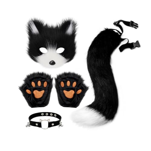 Skeadex Therian Mask, 5er Fuchs Maske Cosplay Kostüm Set mit Tail Handschuhe Kragen,Tiermasken Furry Mask Set mit Therian Tail, Plüsch Katzenmaske Therian Masken für Halloween Karneval Cosplay (F) von Skeadex