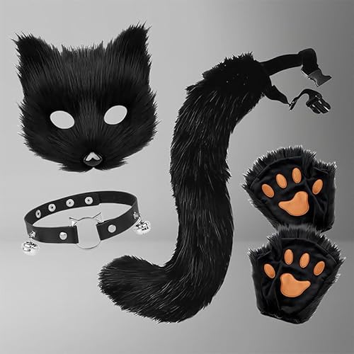 Skeadex Therian Mask, 5er Fuchs Maske Cosplay Kostüm Set mit Tail Handschuhe Kragen,Tiermasken Furry Mask Set mit Therian Tail, Plüsch Katzenmaske Therian Masken für Halloween Karneval Cosplay (G) von Skeadex