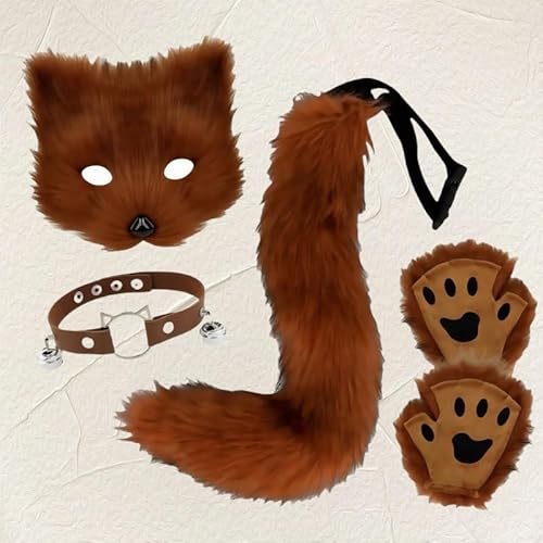 Skeadex Therian Mask, 5er Fuchs Maske Cosplay Kostüm Set mit Tail Handschuhe Kragen,Tiermasken Furry Mask Set mit Therian Tail, Plüsch Katzenmaske Therian Masken für Halloween Karneval Cosplay (H) von Skeadex