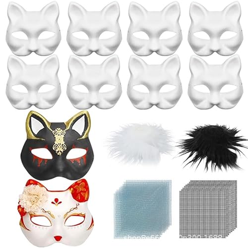 Skeadex Therian Mask DIY Set, 5 Stück Fuchs Maske mit Blanko Katzenmaske, Kunstpelz und Augennetz, Therian Masken Furry Mask,Tiermasken zum Bemalen Katzenmaske für Halloween Karneval Maskerade (A) von Skeadex