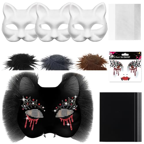 Skeadex Therian Mask DIY Set, 6 Stück Therian Masken Kit mit Blanko Katzenmaske, Kunstpelz, Augennetz und Filztuch, Furry Tiermasken Katzenmasken für Halloween Karneval Maskerade Rollenspiele (D) von Skeadex