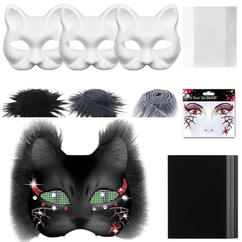 Skeadex Therian Mask DIY Set, 6 Stück Therian Masken Kit mit Blanko Katzenmaske, Kunstpelz, Augennetz und Filztuch, Furry Tiermasken Katzenmasken für Halloween Karneval Maskerade Rollenspiele (E) von Skeadex