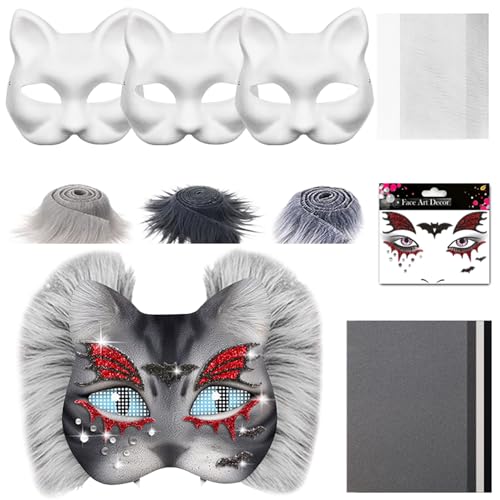 Skeadex Therian Mask DIY Set, 6 Stück Therian Masken Kit mit Blanko Katzenmaske, Kunstpelz, Augennetz und Filztuch, Furry Tiermasken Katzenmasken für Halloween Karneval Maskerade Rollenspiele (F) von Skeadex