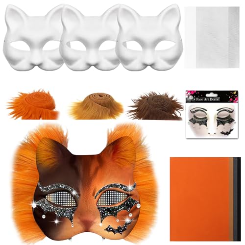 Skeadex Therian Mask DIY Set, 6 Stück Therian Masken Kit mit Blanko Katzenmaske, Kunstpelz, Augennetz und Filztuch, Furry Tiermasken Katzenmasken für Halloween Karneval Maskerade Rollenspiele (G) von Skeadex