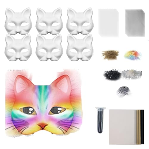Skeadex Therian Mask DIY Set, 6 Stück Therian Masken Kit mit Blanko Katzenmaske, Kunstpelz, Augennetz und Filztuch, Furry Tiermasken Katzenmasken für Halloween Karneval Maskerade Rollenspiele (H) von Skeadex