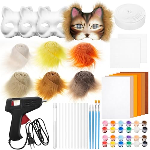 Skeadex Therian Mask DIY Set, Papier Furry Tiermasken mit Blanko Katzenmaske Kunstpelz Augennetz Filztuch Klebepistole,Katzenmaske zum Bemalen,Furry Therian Mask für Halloween Karneval Maskerade (A) von Skeadex