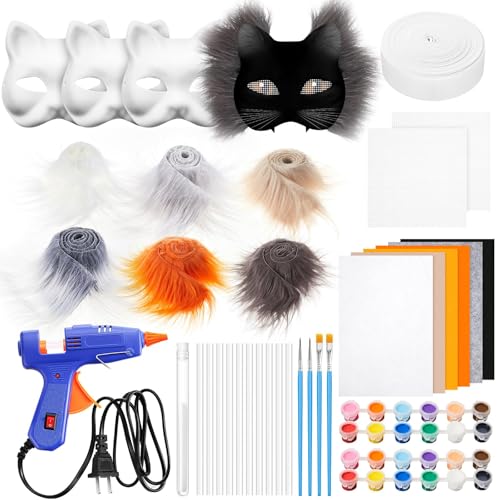 Skeadex Therian Mask DIY Set,Katzenmaske Tiermasken zum Bemalen,Furry Tiermasken mit Blanko Katzenmaske Kunstpelz Augennetz Filztuch Klebepistole,Therian Mask für Halloween Karneval Maskerade (A) von Skeadex
