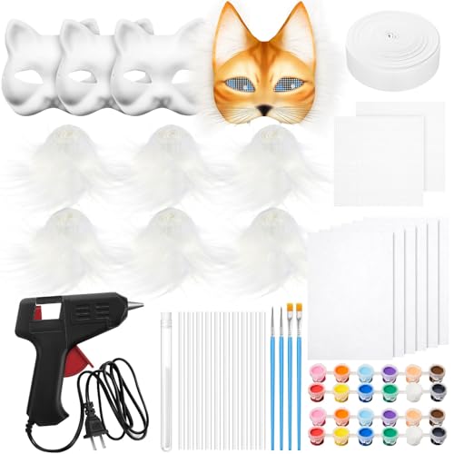 Skeadex Therian Mask DIY Set,Katzenmaske Tiermasken zum Bemalen,Furry Tiermasken mit Blanko Katzenmaske Kunstpelz Augennetz Filztuch Klebepistole,Therian Mask für Halloween Karneval Maskerade (B) von Skeadex