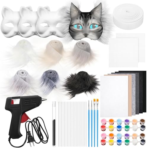 Skeadex Therian Mask DIY Set,Katzenmaske Tiermasken zum Bemalen,Furry Tiermasken mit Blanko Katzenmaske Kunstpelz Augennetz Filztuch Klebepistole,Therian Mask für Halloween Karneval Maskerade (C) von Skeadex