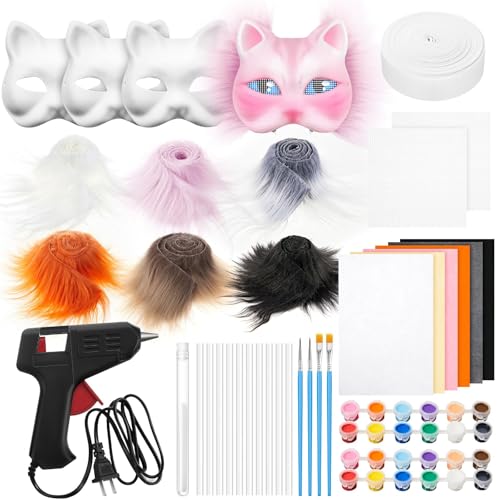 Skeadex Therian Mask DIY Set,Katzenmaske Tiermasken zum Bemalen,Furry Tiermasken mit Blanko Katzenmaske Kunstpelz Augennetz Filztuch Klebepistole,Therian Mask für Halloween Karneval Maskerade (D) von Skeadex